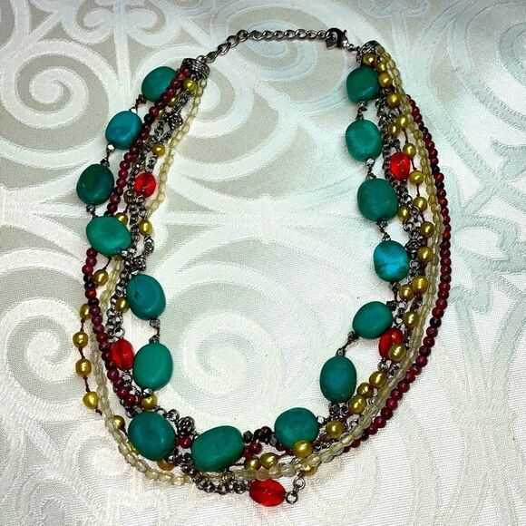 Multi-strand faux turquoise, red, yellow pearl, and neutral tone necklace - Picture 6 of 10
